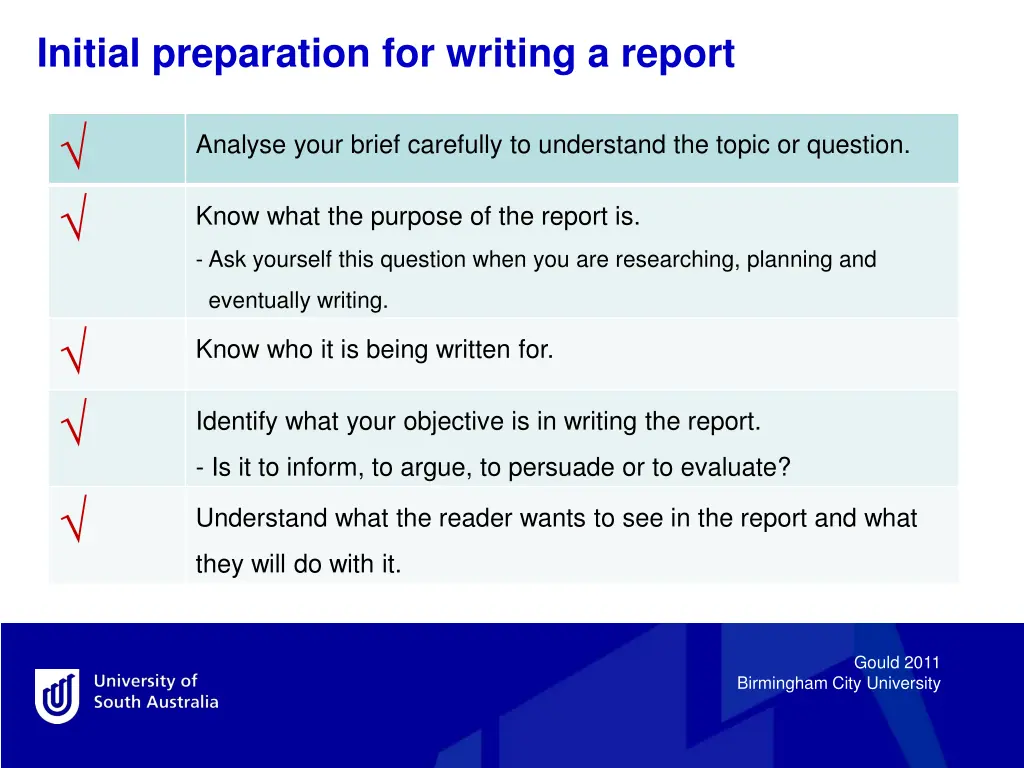 initial preparation for writing a report