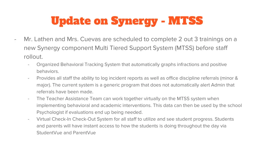 update on synergy mtss