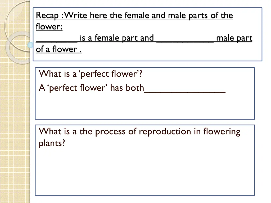 recap write here the female and male parts