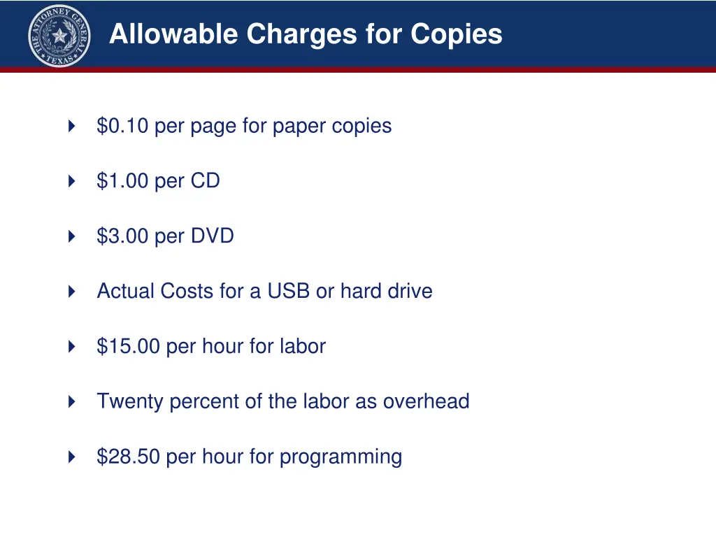 allowable charges for copies