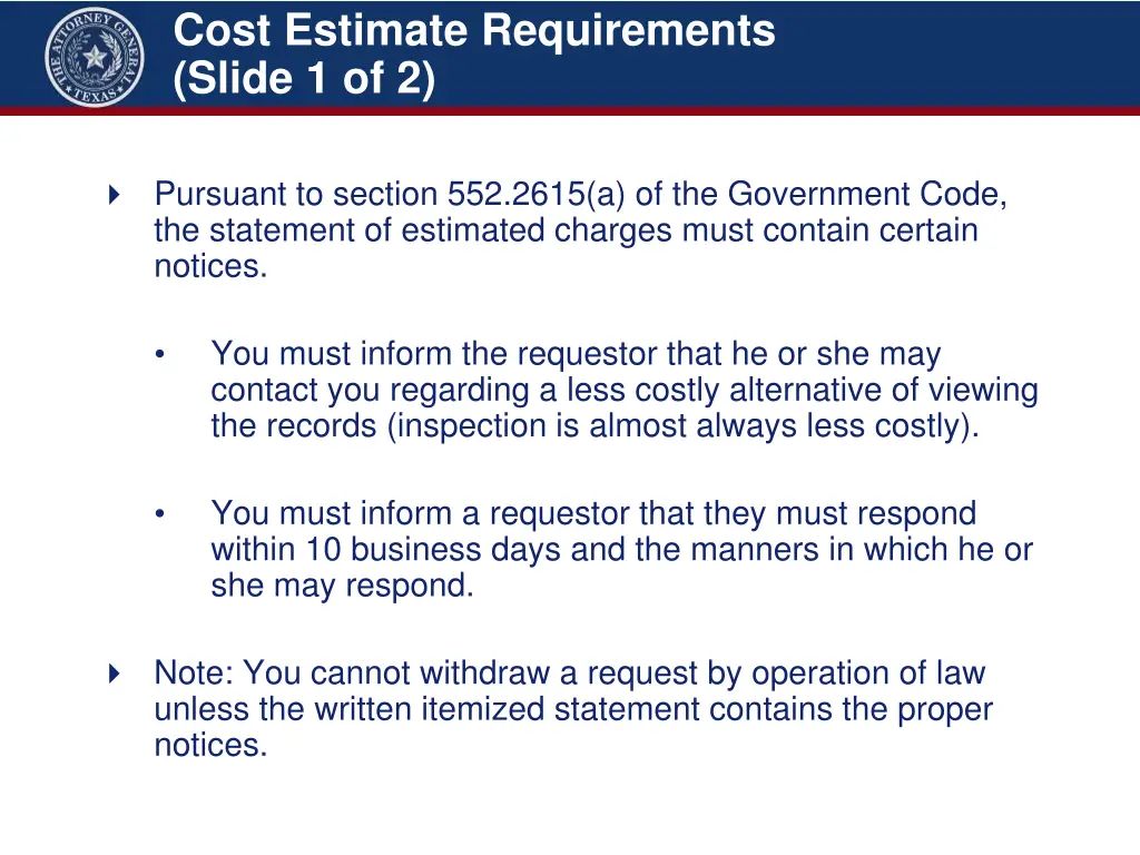 cost estimate requirements slide 1 of 2