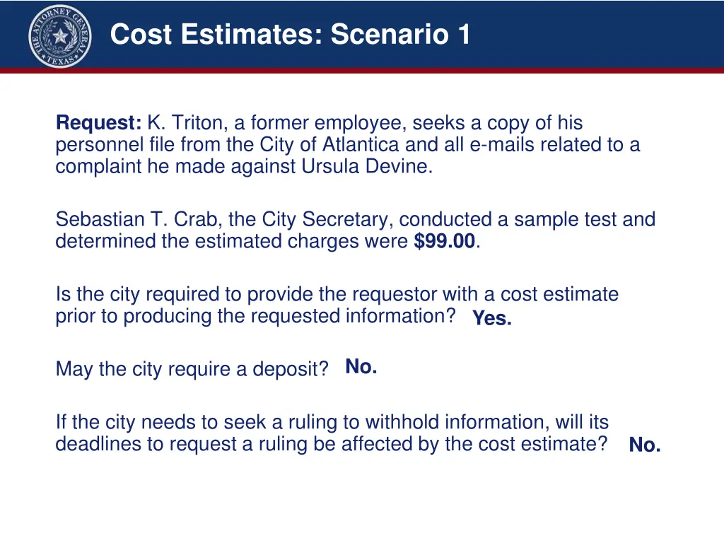 cost estimates scenario 1