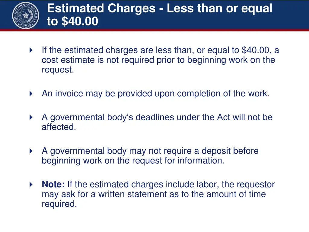 estimated charges less than or equal to 40 00