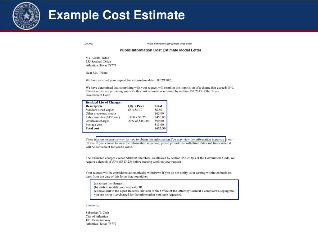 example cost estimate