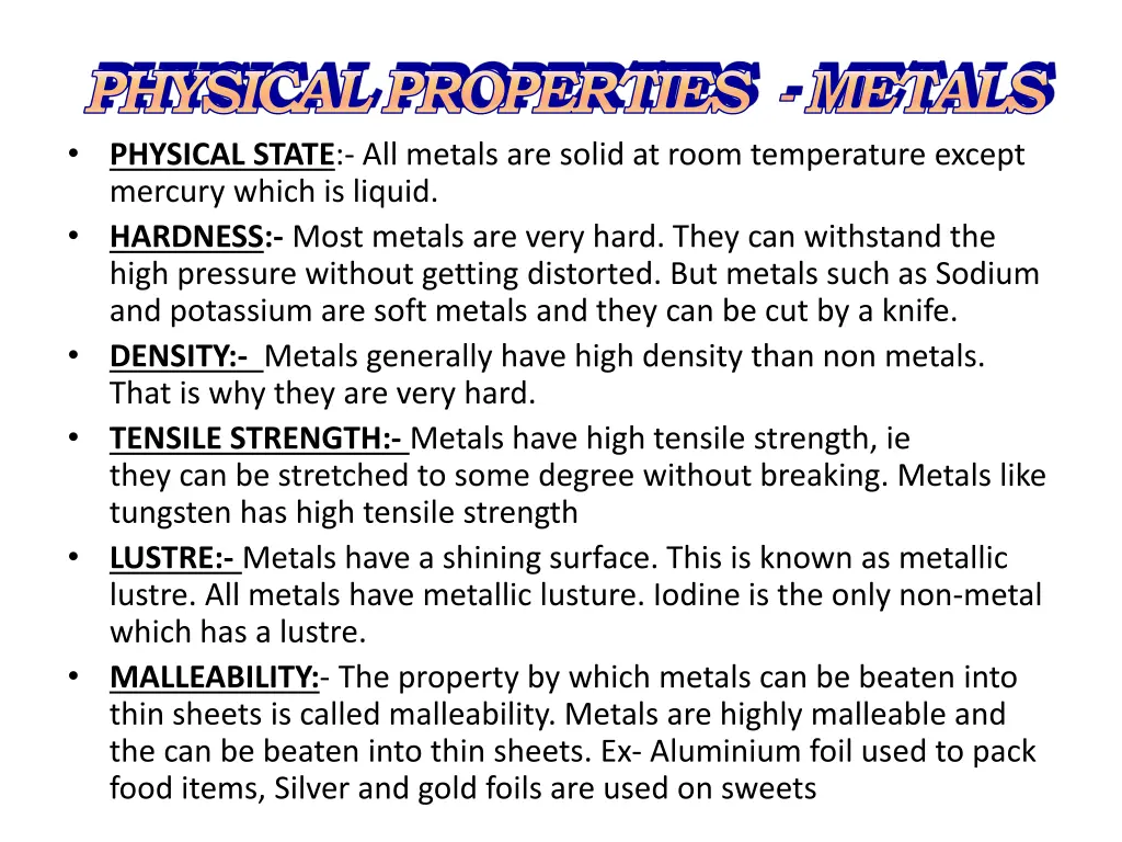 physical properties metals physical state