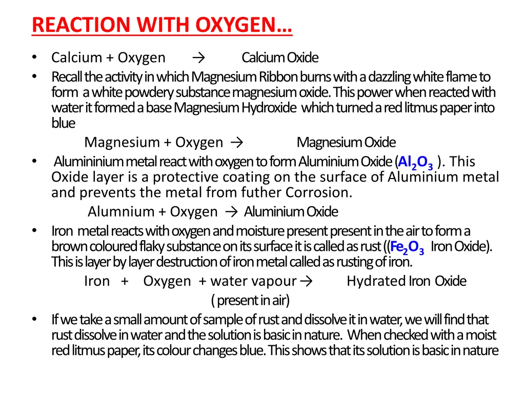 reaction with oxygen