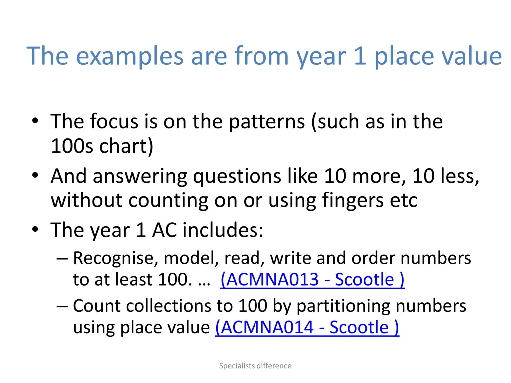 the examples are from year 1 place value