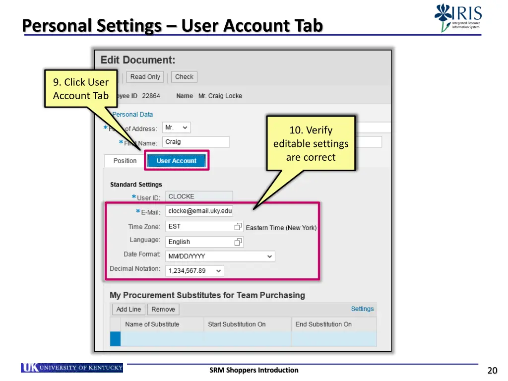 personal settings user account tab