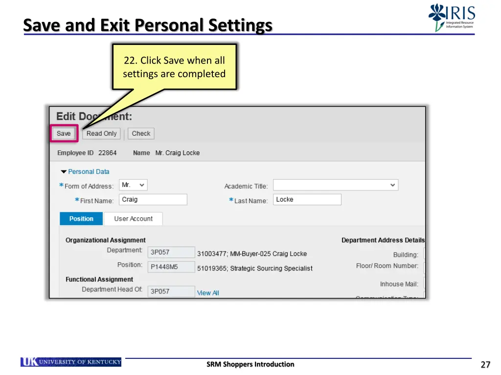 save and exit personal settings