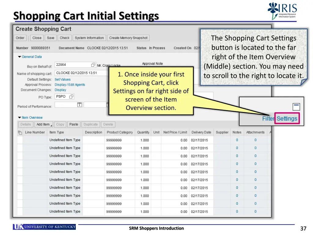 shopping cart initial settings