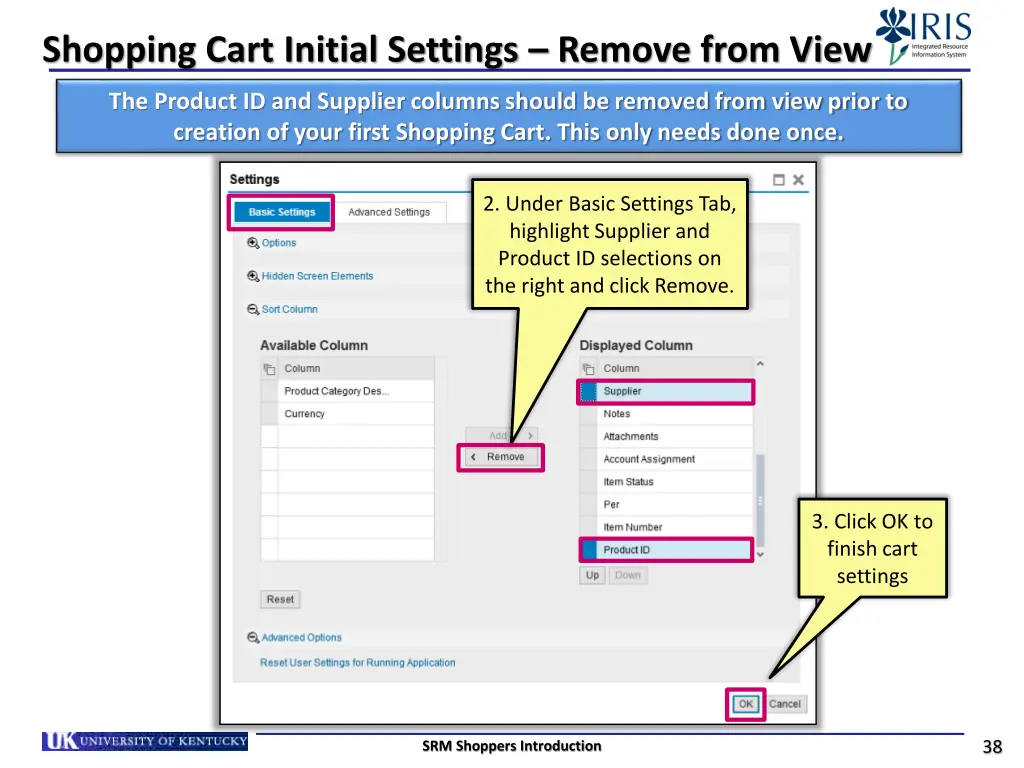 shopping cart initial settings remove from view