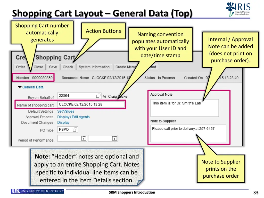 shopping cart layout general data top