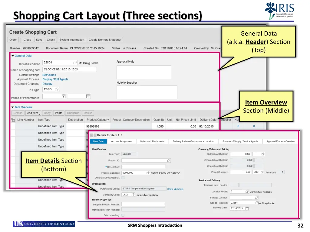 shopping cart layout three sections