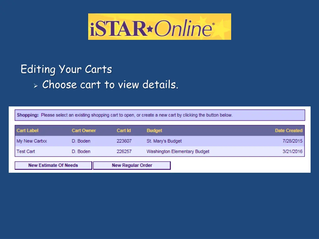 editing your carts choose cart to view details