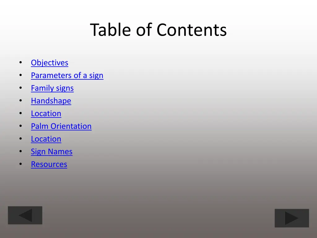 table of contents