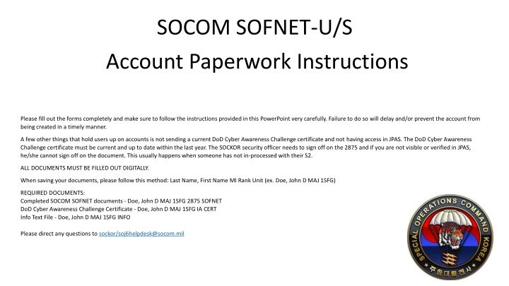 socom sofnet u s account paperwork instructions