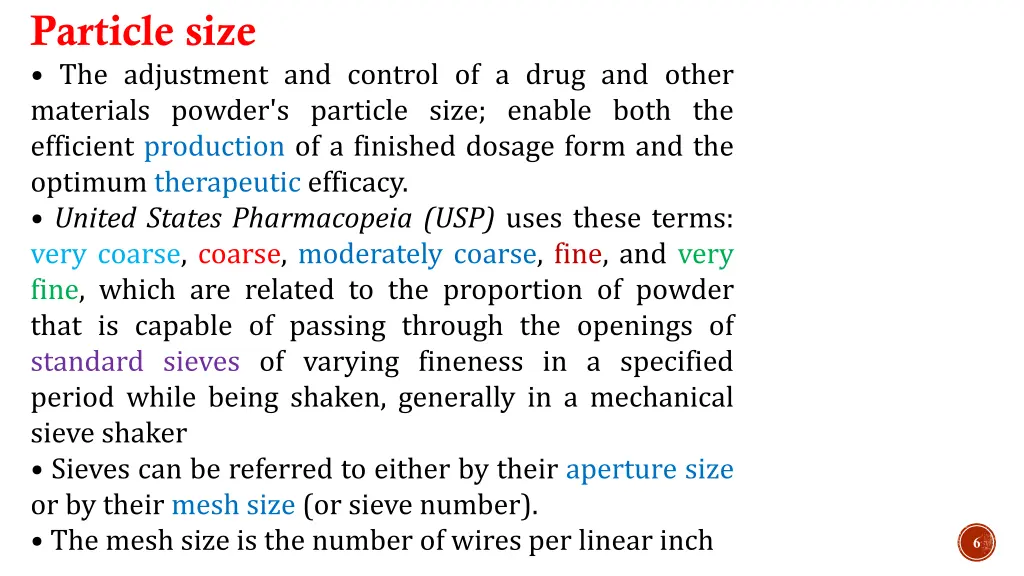 particle size the adjustment and control