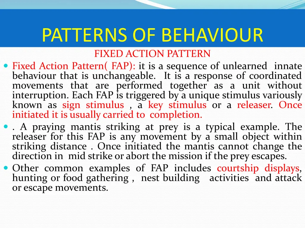 patterns of behaviour fixed action pattern fixed