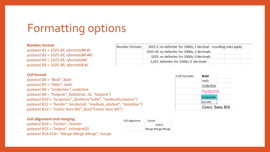 formatting options