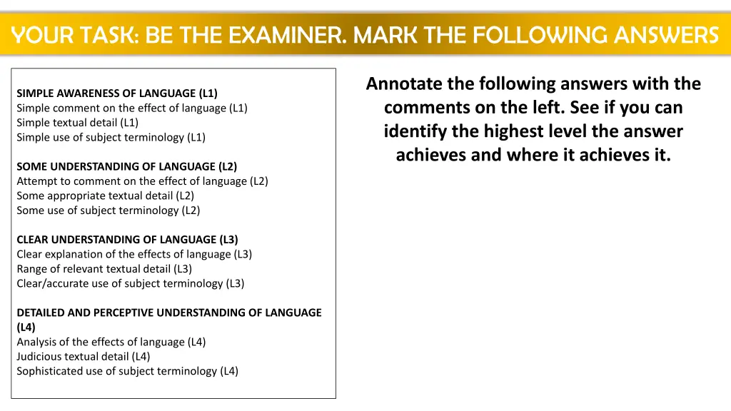 your task be the examiner mark the following