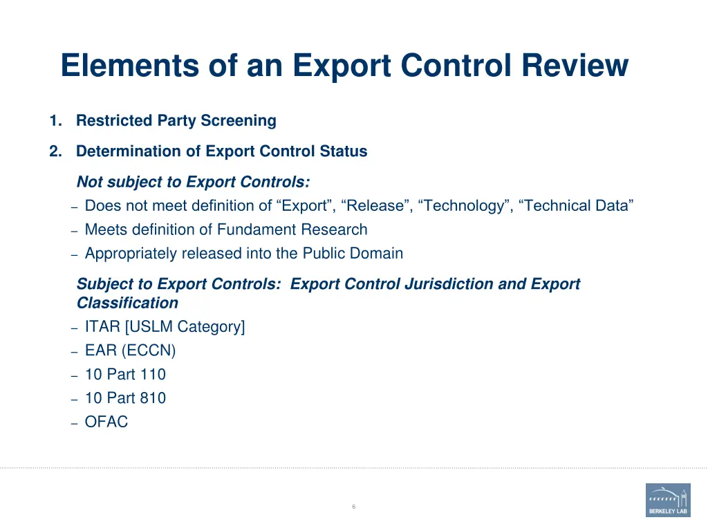 elements of an export control review