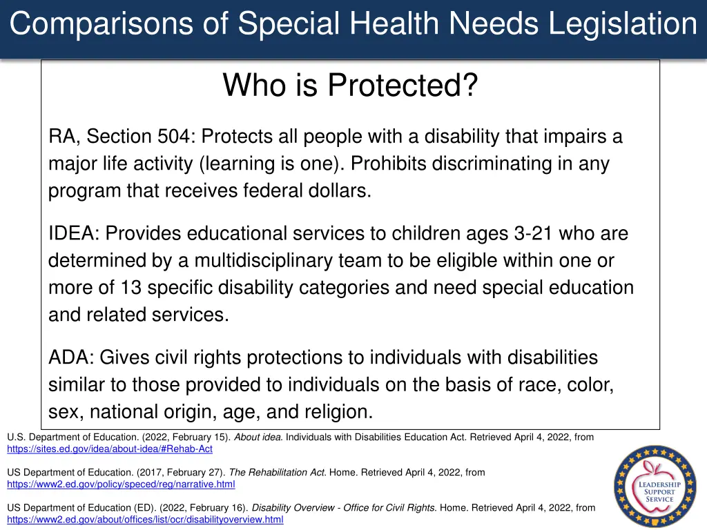 comparisons of special health needs legislation 1