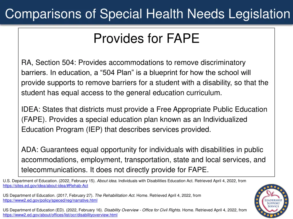 comparisons of special health needs legislation 2