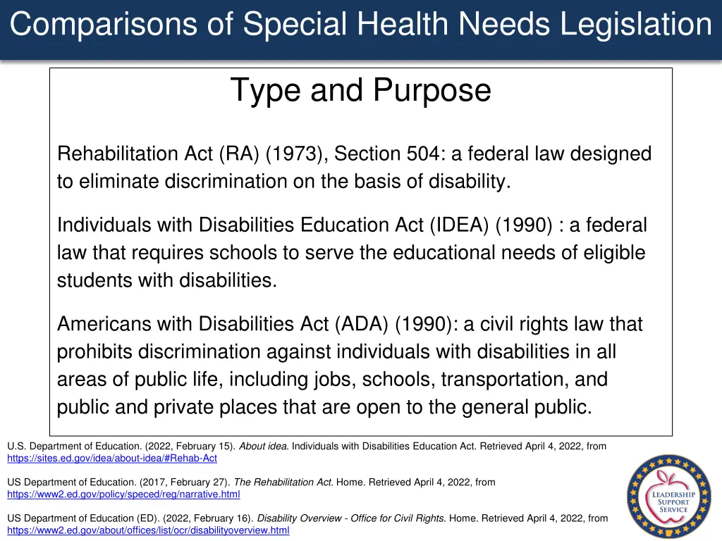 comparisons of special health needs legislation