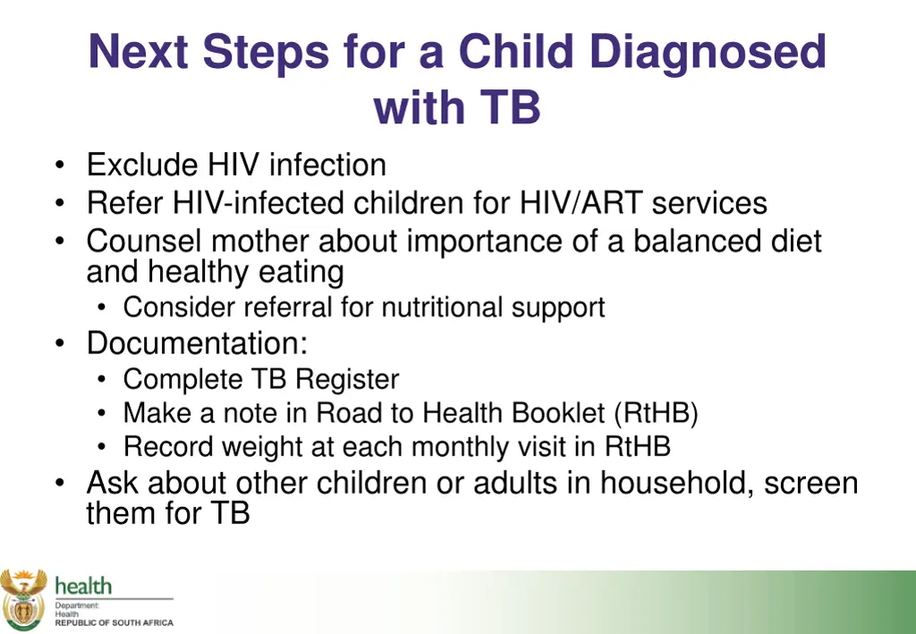 next steps for a child diagnosed with tb exclude