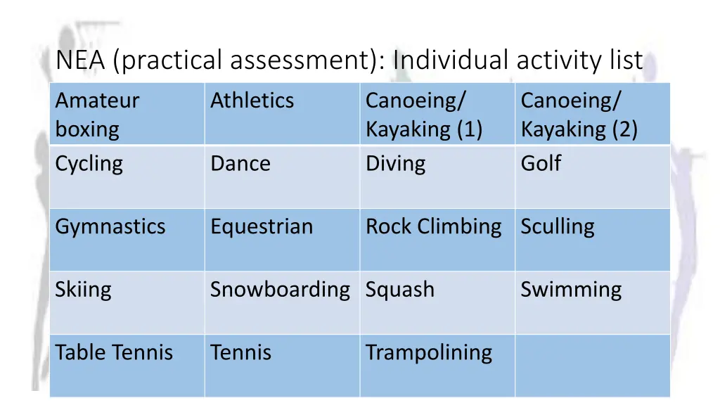 nea practical assessment individual activity list