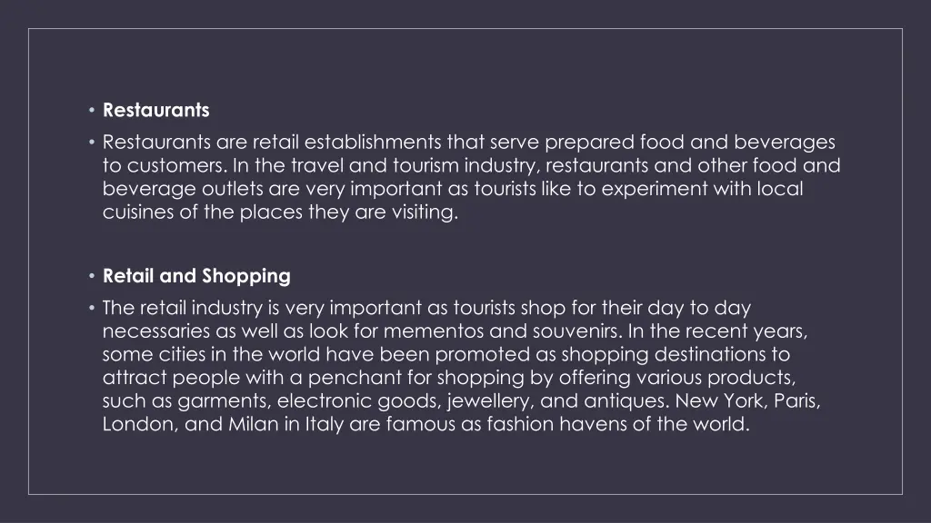 restaurants restaurants are retail establishments