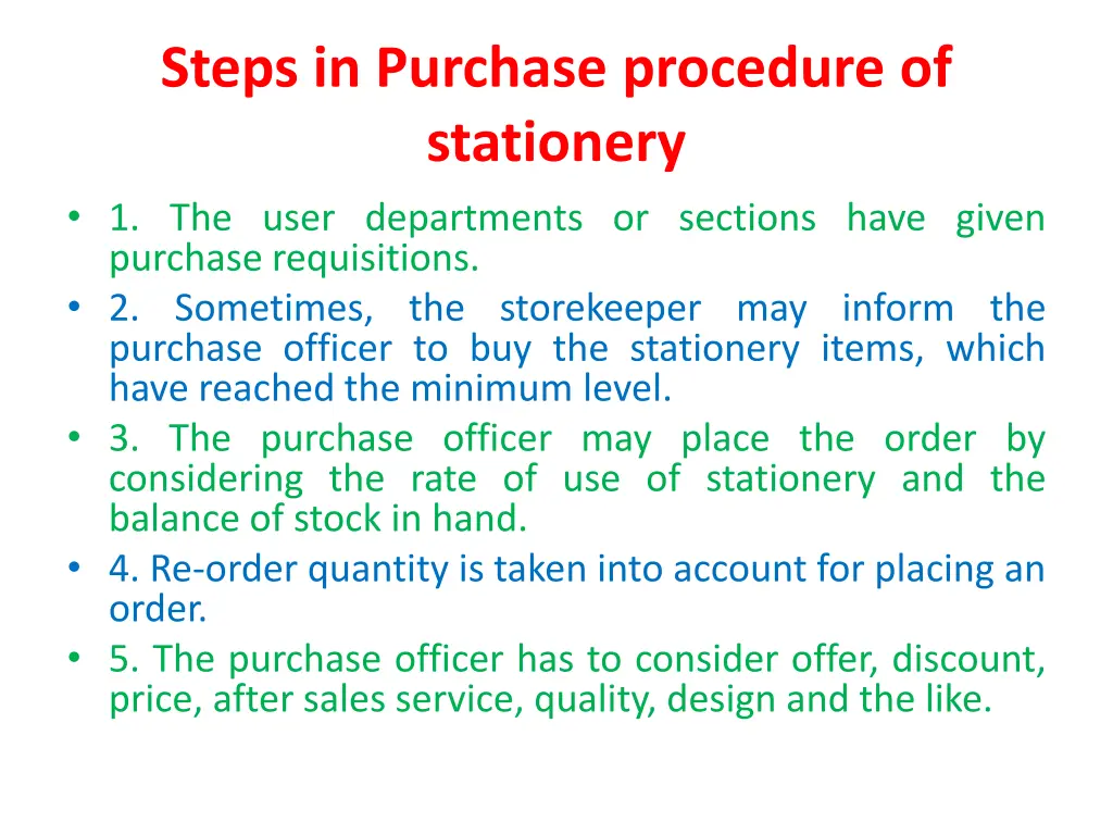 steps in purchase procedure of stationery