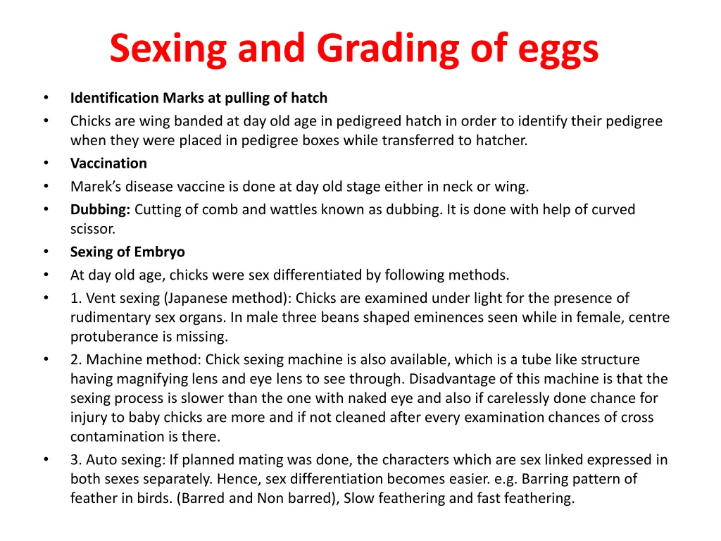 sexing and grading of eggs