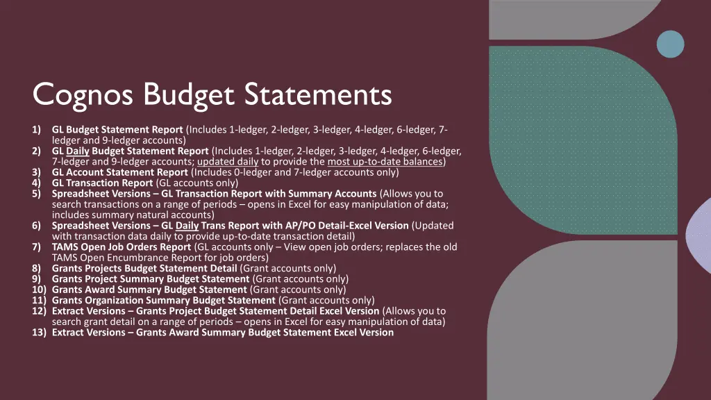 cognos budget statements