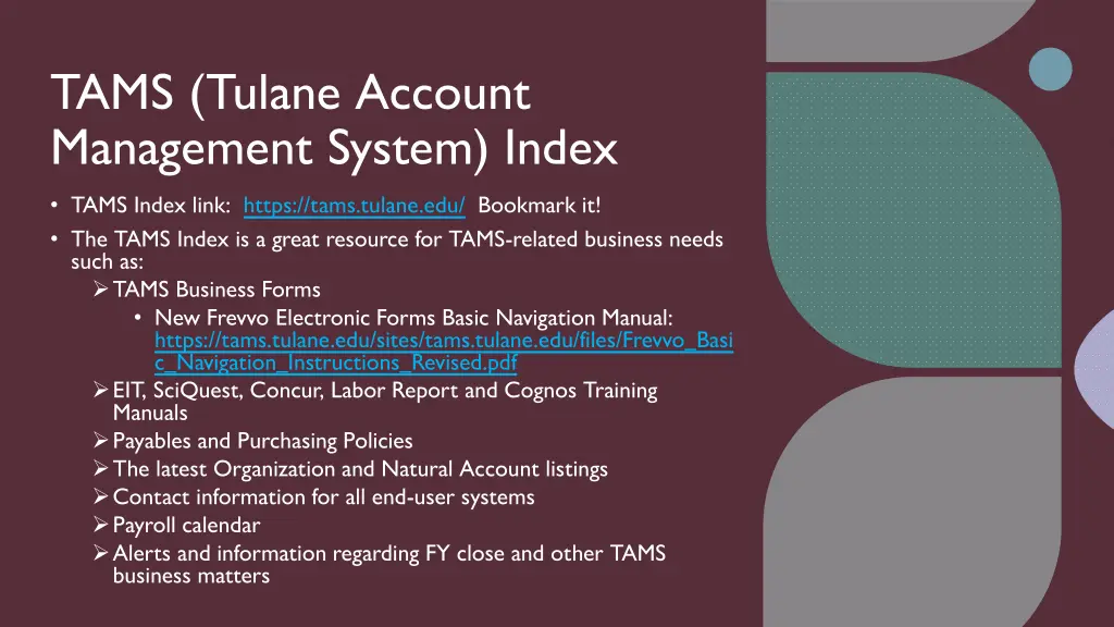 tams tulane account management system index tams