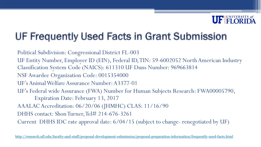 uf frequently used facts in grant submission