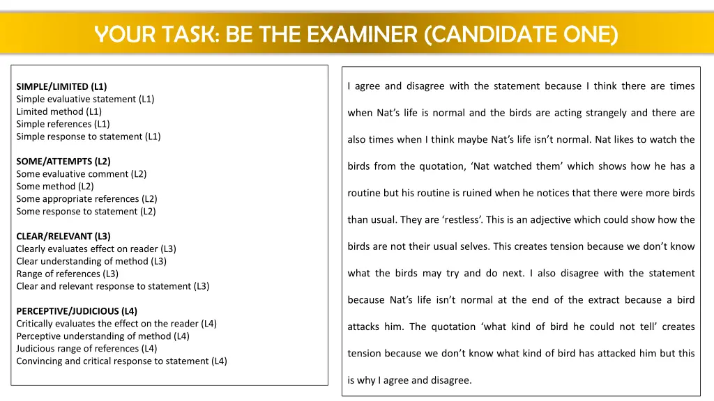 your task be the examiner candidate one