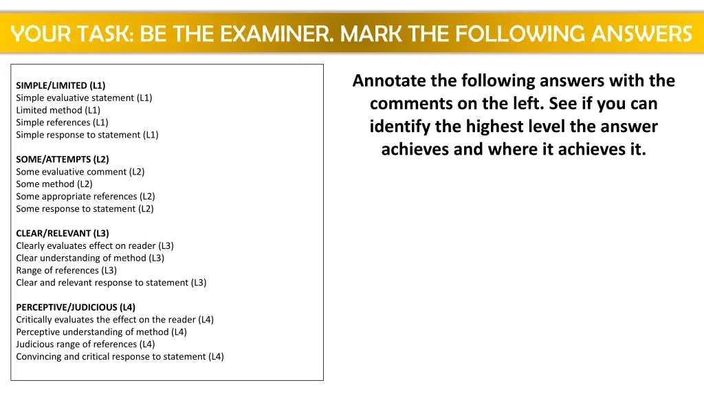 your task be the examiner mark the following