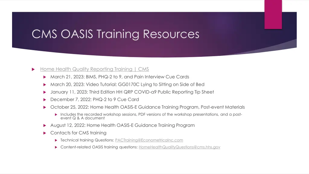 cms oasis training resources