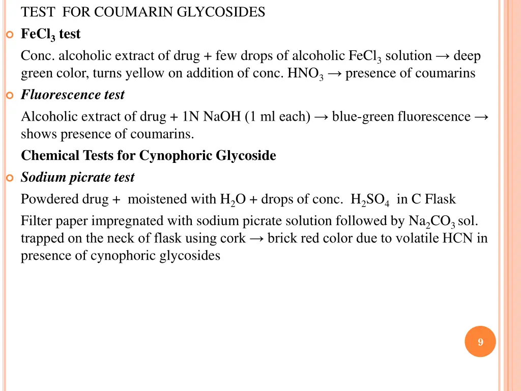 test for coumarin glycosides fecl 3 test conc