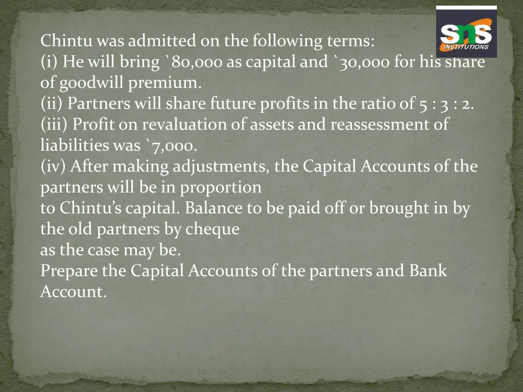 chintu was admitted on the following terms