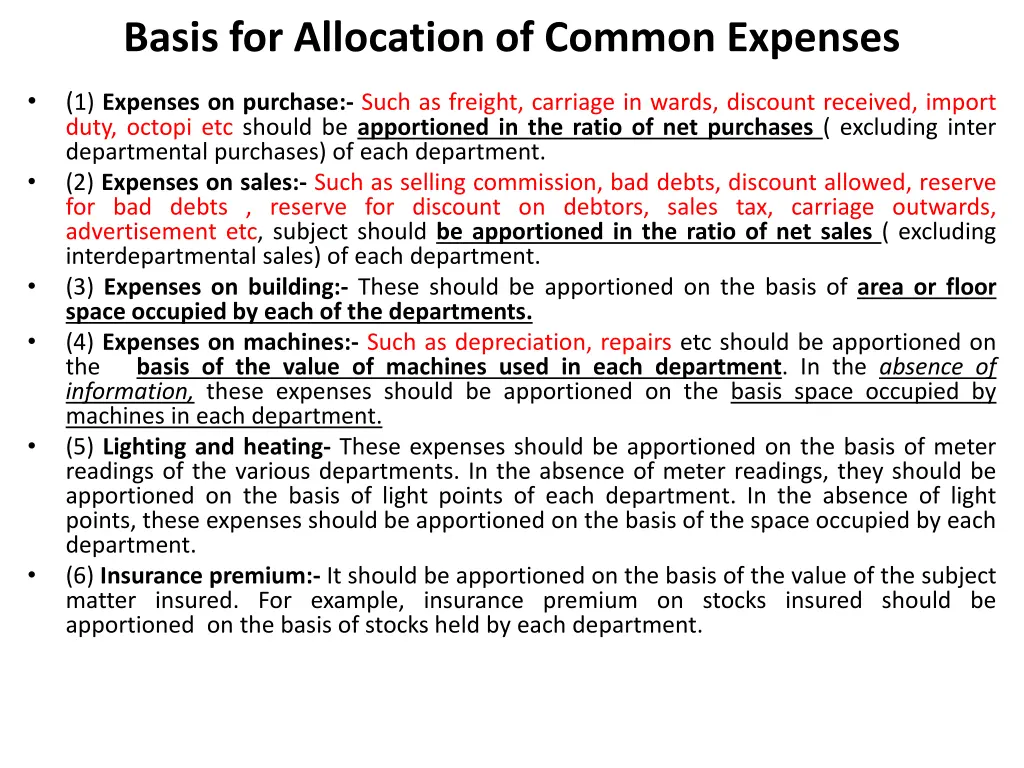 basis for allocation of common expenses