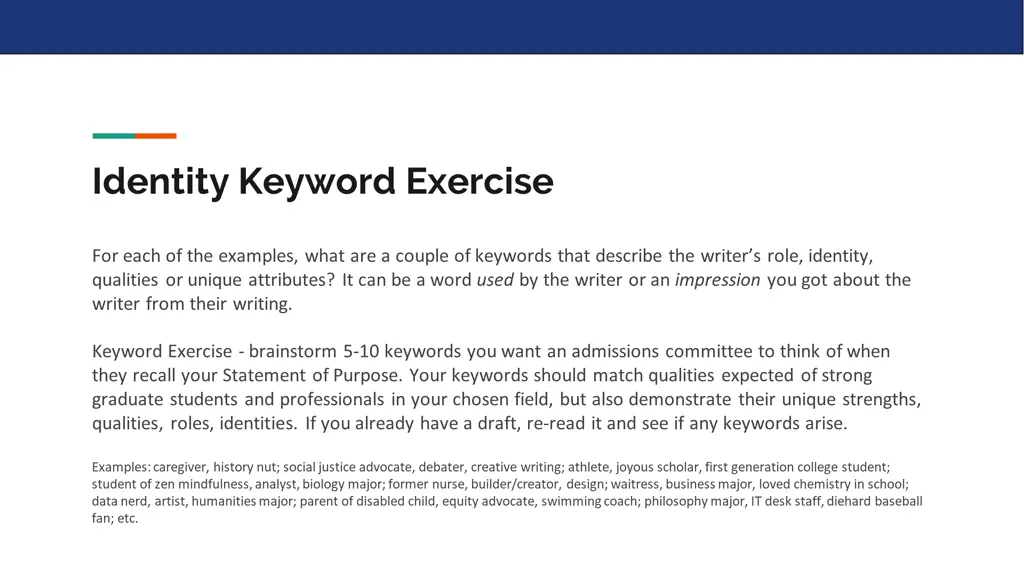 identity keyword exercise