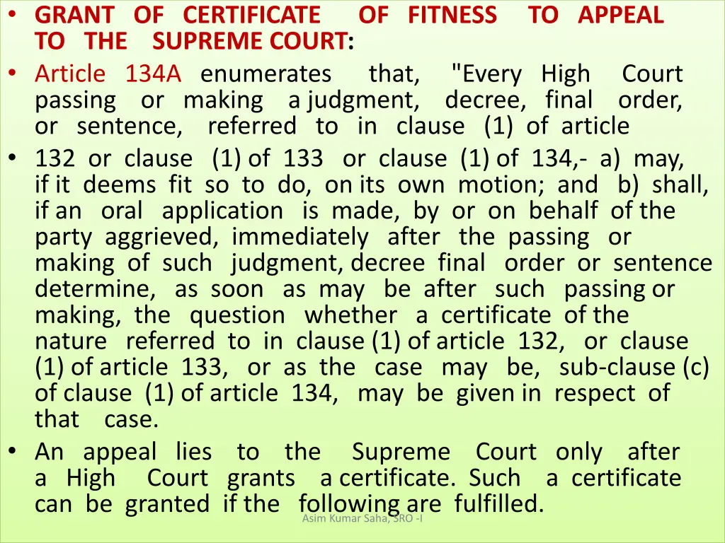 grant of certificate of fitness to appeal