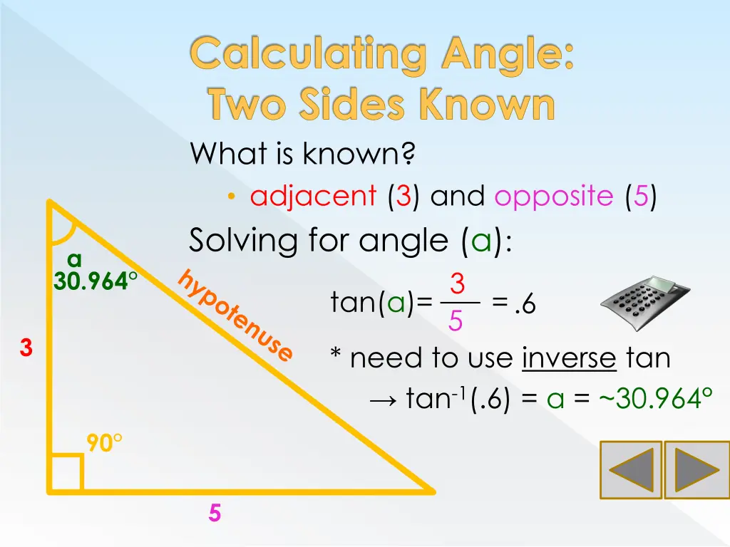 calculating angle two sides known what is known 1