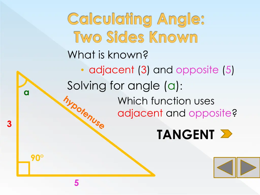 calculating angle two sides known what is known