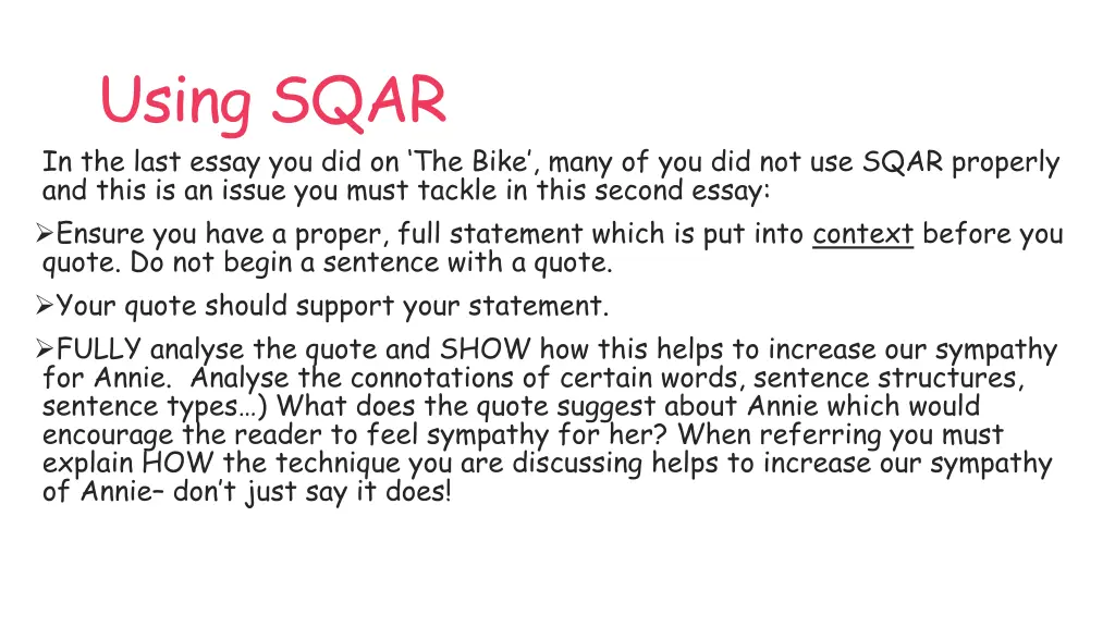 using sqar in the last essay you did on the bike