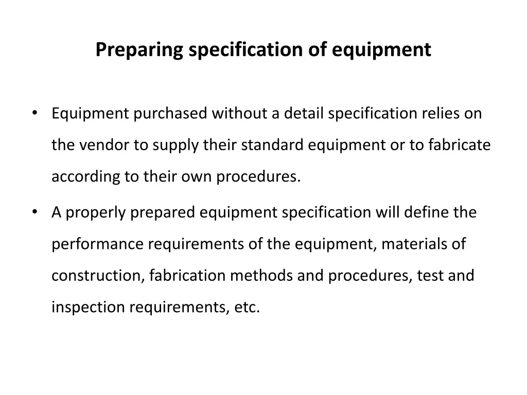 preparing specification of equipment