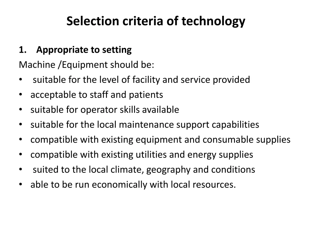 selection criteria of technology