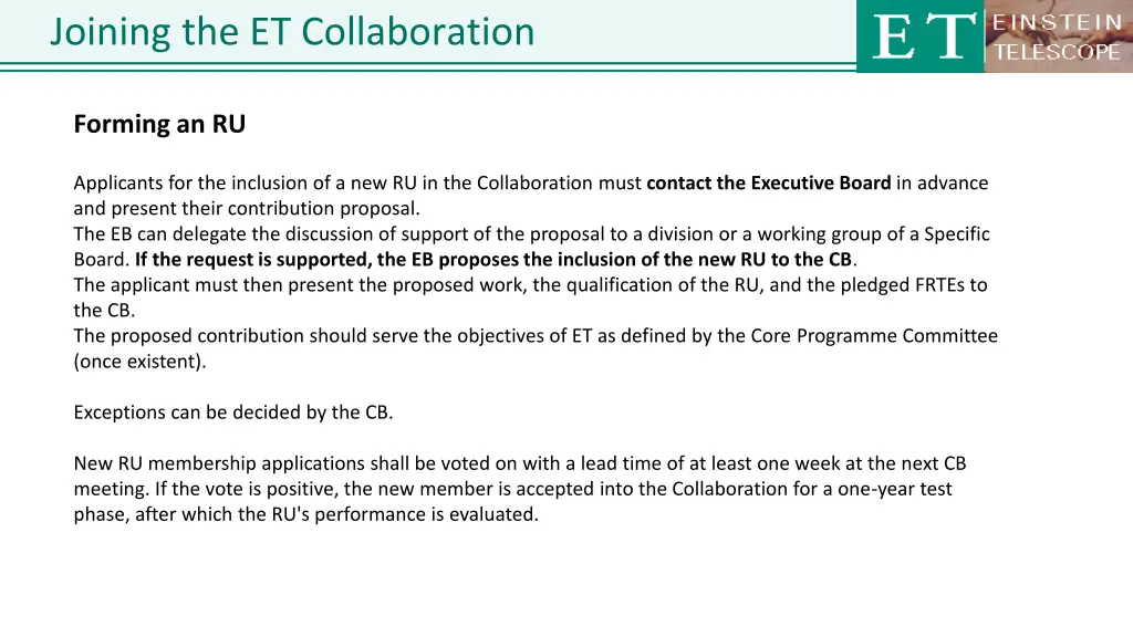 joining the et collaboration 1